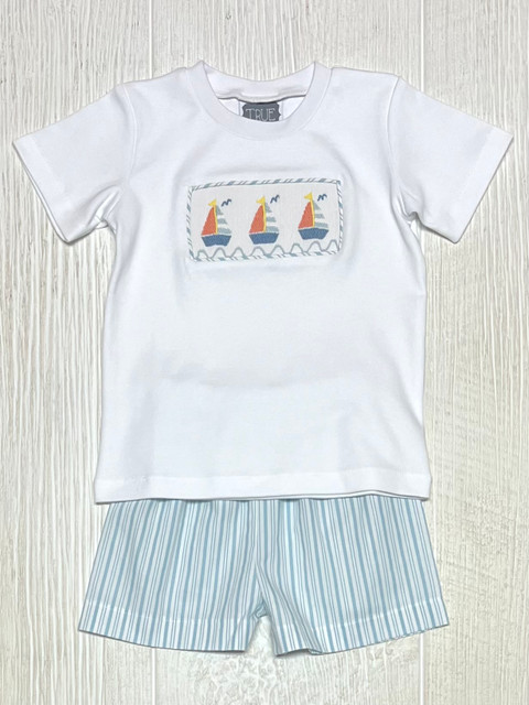 True Smocked Sailboat Boy Short Set