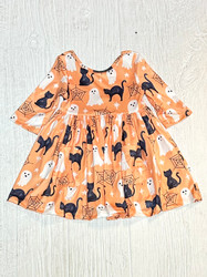 Mila & Rose Spooky Kitty 3/4 Sleeve Pocket Twirl Dress