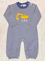Lily Pads Medium Blue Stripe Retro Backhoe Applique Romper