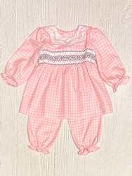 Delaney Pink Check Scalloped Collar Smocked Pant Set