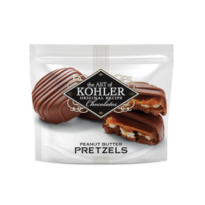 Pretzels with a layer of lightly salted golden caramel and crunchy peanut butter ganache coated and drizzled in milk chocolate.  