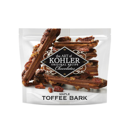 Maple toffee bark covered in two layers of maple caramel, 38% milk chocolate and finished with candied pecans.