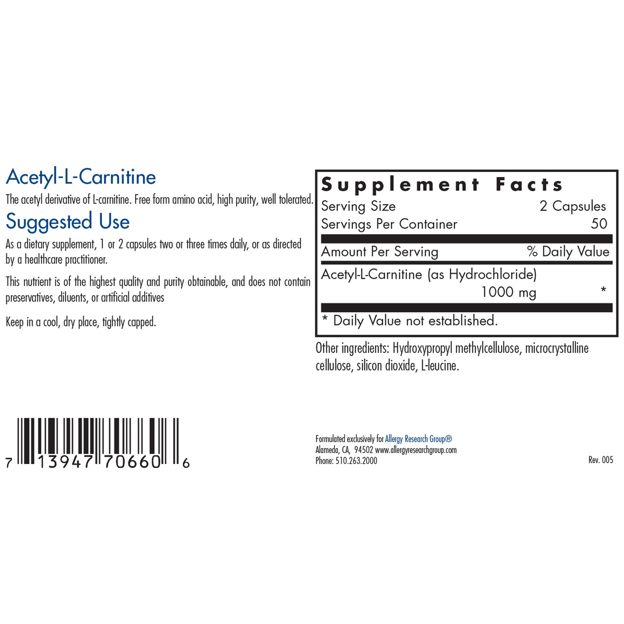 acetyl l carnitine ingredients Allergy Research Group Acetyl-L-Carnitine 500mg 100 Vegetarian Capsules