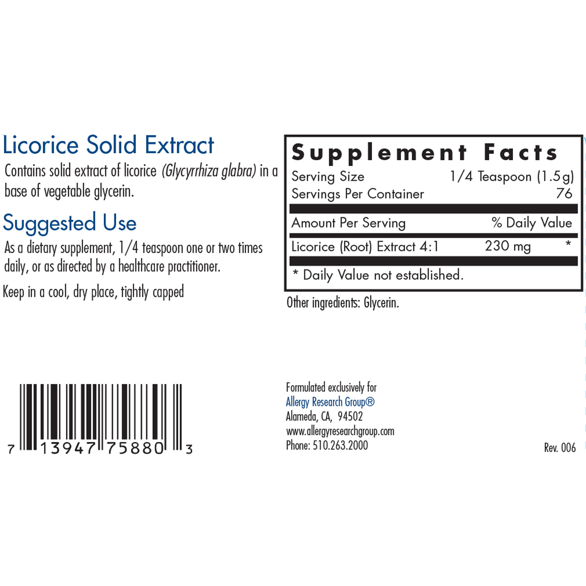 Allergy Research Group Licorice Solid Extract 114 Grams (4oz)