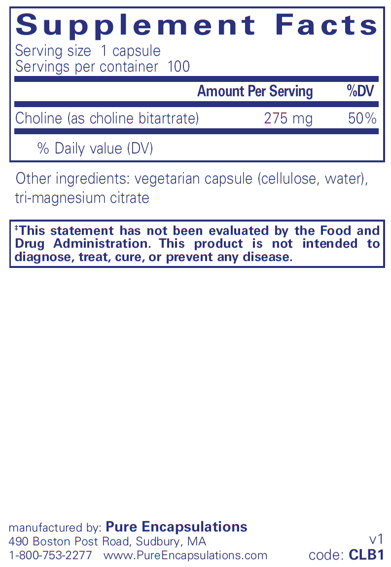 Pure Encapsulations Choline (bitartrate) 100 CapsulesOakway Naturals