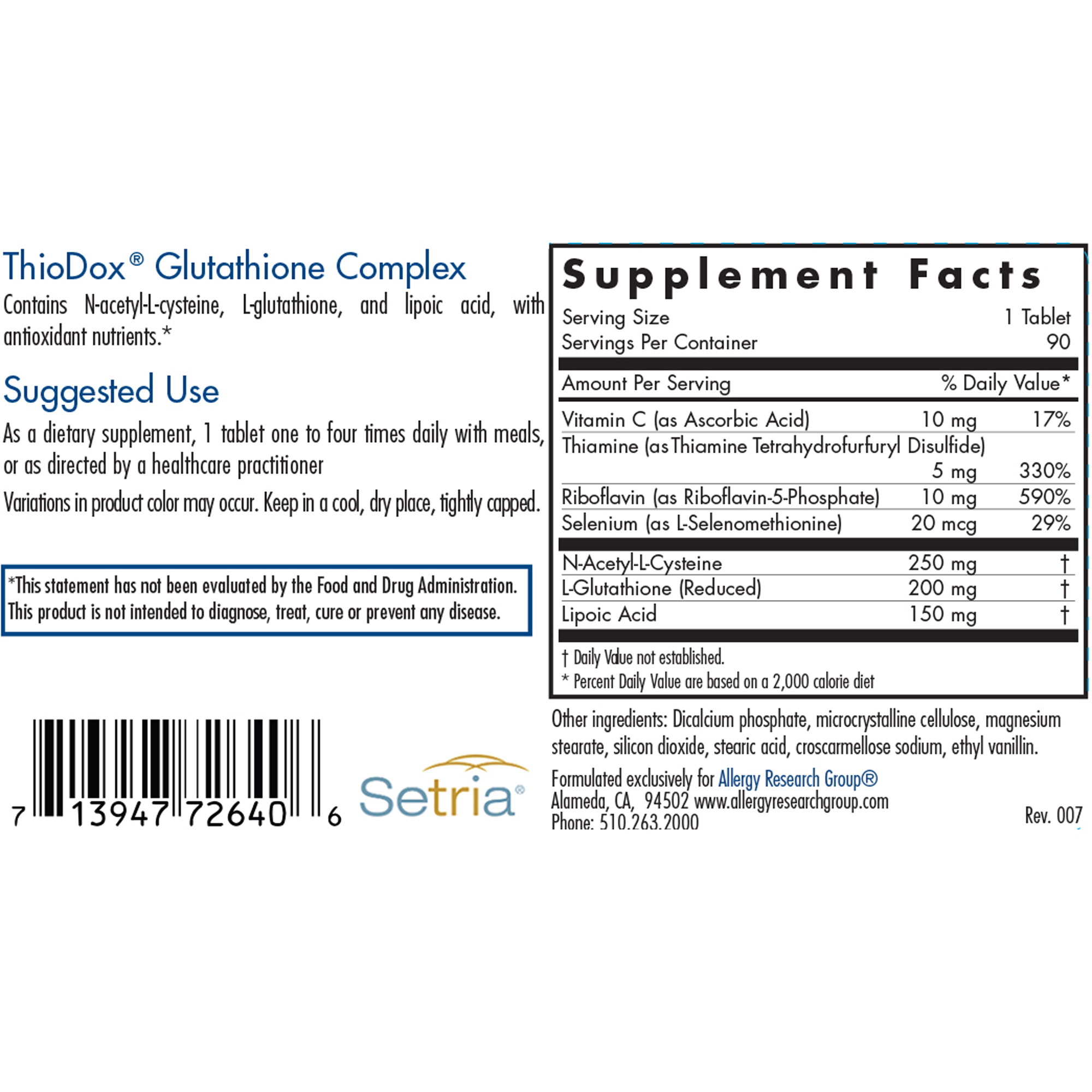 thiodox glutathione complex Allergy Research Group ThioDox Glutathione Complex 90 Tablets