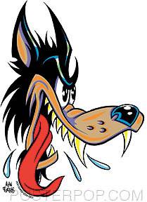 Artist Alan Forbes Lucky Wolf Sticker by Poster Pop. Best Big Bad Wolf, Hot Rod, Cartoon Wolf, Lone Lucky Wolf, with Cartoon Eyes, Teeth and red Tongue Hanging out. Original Design © Poster Pop Inc. similar to Tex Avery