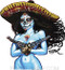 Artist BigToe Chica Termino Car Sticker Decal by Poster Pop. Mexican Day of the Dead Sexy Topless Blue Girl with Sombrero and Dual Pistols, Sacred Heart, and Muertos Sugar Skull Face Paint