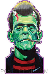 Artist Ben Von Strawn Franken-Stogy Frankenstein Sticker by Poster Pop. Rockabilly Beatnik Frankenstein Monster with Greaser Pompadour Hair, Striped Shirt and Cigar
