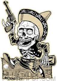 Artist Ben Von Strawn Muertos Car Sticker decal by Poster Pop. Mexican Day of the Dead Drinking Drunk Skeleton with Sombrero, Pistol and Bottle running through a Grave Yard.