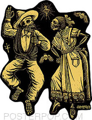 Artist Marco Almera Muertos Car Sticker Decal by Poster Pop. Mexican Day of the Dead Dancing Skeleton Man and Woman in Traditional Costume Dress with Sacred Heart. Like Posada.