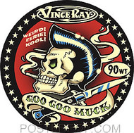 Artist Vince Ray Goo Goo Muck Car Sticker Decal by Poster Pop. Rockabilly Pomade Greaser, Biker Skull with Pompadour Greased Back Hair, Smoking Cigarette, and Switch Blade Knife. Red, Black and Tan.