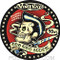 Artist Vince Ray Goo Goo Muck Car Sticker Decal by Poster Pop. Rockabilly Pomade Greaser, Biker Skull with Pompadour Greased Back Hair, Smoking Cigarette, and Switch Blade Knife. Red, Black and Tan.