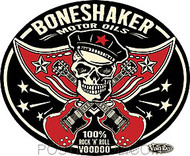 Vince Ray Boneshaker Oil Car Sticker Decal by Poster Pop. Rockabilly Skull with Crossed Guitars as Bones. Black, Red and Tan.