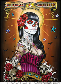 Artist Gustavo Rimada Strength Sacrifice Courage Car Sticker Decal by Poster Pop. Mexican Day of the Dead, Tattoo Design with Rockabilly, Skulls and Skeleton Face Paint