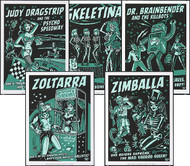 Vince Ray All 5 2011 Glow Silkscreen Posters: Judy Dragstrip, Killbot, Skeletina, Zoltarra & Zimballa Image