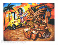 BigToe Bongo Beach Signed Artist Print Image. Beach Scene with Kustom Big Daddy Surfite Hotrod, Bikini Girl and Tiki Playing Bongos