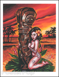 BigToe Tiki Maiden Signed Artist Print Image. Island Scene with Tiki and Nude Pinup Girl