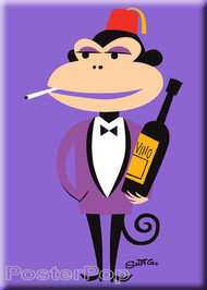 Shag Sir Monkey Fridge Magnet. Stylized Shag Monkey Character with Fez, Cigarette, and Oversized Wine Bottle Image PURPLE