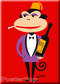 Shag Sir Monkey Fridge Magnet. Stylized Shag Monkey Character with Fez, Cigarette, and Oversized Wine Bottle Image RED