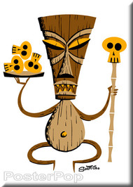 Shag Brown Tiki Fridge Magnet. Shag Tiki with Skulls and Staff Image WHITE
