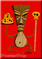 Shag Brown Tiki Fridge Magnet. Shag Tiki with Skulls and Staff Image RED
