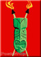 Shag Josh Agle Heavily Stylized Green Tiki Fridge Magnet. Green Tiki with Crossed Tiki Torches Image RED