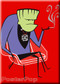 Shag Smokenstein, Smoking Frankenstein Fridge Magnet. Josh Agle Stylized character of Frankenstein Monster, Mod Century Modern Chair and Smoking Jacket RED