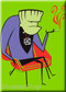 Shag Smokenstein, Smoking Frankenstein Fridge Magnet. Josh Agle Stylized character of Frankenstein Monster, Mod Century Modern Chair and Smoking Jacket GREEN