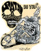 Von Franco Santa Rides Sticker. Monster 60's Ed Big Daddy Roth style Sticker Design with Monster Canta Claus Biker riding a Harley Chopper Motorcycle with Text Skull