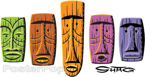 Shag 5 Tiki Masks Sticker, Rainbow, Expressions, Artist Shag Tiki, Characters, Josh Agle, Tiki, Image