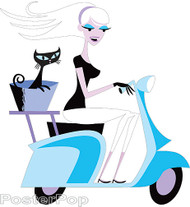 Shag Scooter Cat Girl Sticker, Vespa, Cat Basket, Blonde, Image