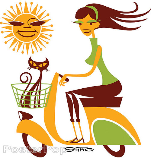 Shag Sun Scooter Sticker, Shag Cat, Sexy, Riding, Vespa, Warm, Alluring, Image