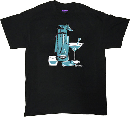 Shag Turquoise Tiki Drink T Shirt. Josh Agle Tiki Mug Design on Black Mens T-Shirt. Image