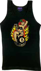 Vince Ray Classic Lady Luck Womans Tank Top Lucky Lady with 4 Leaf Clover, Monkey Wrench, 8 Ball, and Flames