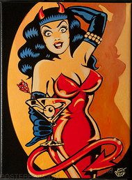 Vince Ray Martini Devil Girl Fine Art Print on Canvas, Sexy Devil Girl, Dress, Martini Glass, Eyeball Olive, Devil Swizzle Stick