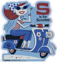 Derek Yaniger S is for Scooter Sticker Rockabilly Girl Teen Woman Mod Scooter Vespa Lambretta Daisy Scarf Blue Jeans Alphabet Letter S