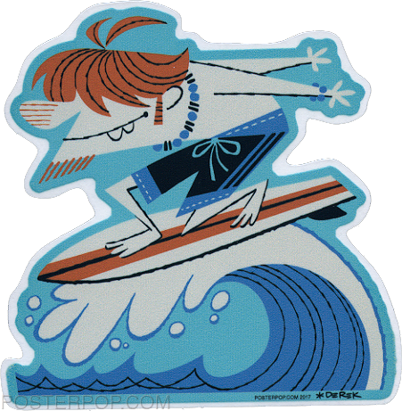 Artist Derek Yaniger Quasimodo Surfer Surfing Surf Ocean Sea Redhead Beach Bum Surfboard Longboard Wave Shoot the Curl Board Shorts Swimsuit Hang Ten Toes on the Nose Water Sport Sticker