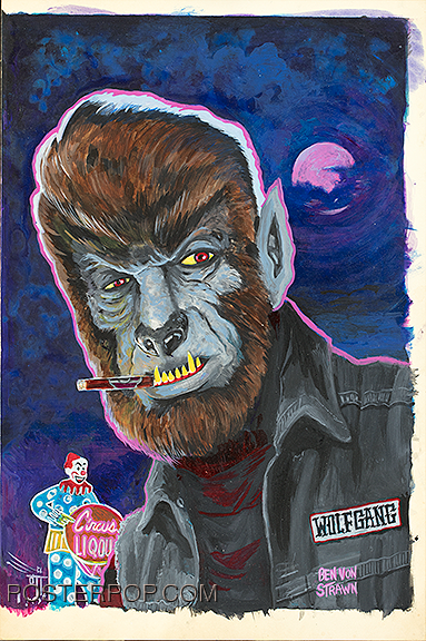 OGBV07 Ben Von Strawn Young Wolfgang Original Painting, Wolfman, Circus Liquor, Valley, Cigarette, Jacket, Namebadge, Patch