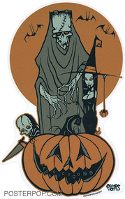 Artist Pigors Halloween Moon Sticker, Frankenstein, Bride, Witch, Halloween Costumes, Kid, Knife, Funny, Cartoon, Bats, pumpkin, Toxictoons