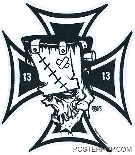 Artist Eric Pigors Franken-Cross Sticker, Iron Cross, Frankenstein, Cartoon, 13, 1313, Devil