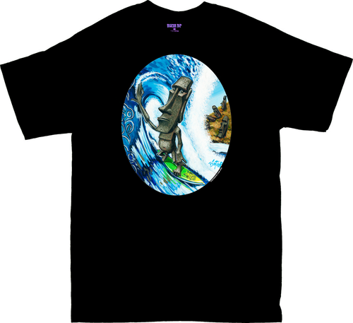 BT73 BigToe Moai Surf T Shirt, Tiki Surfer Image