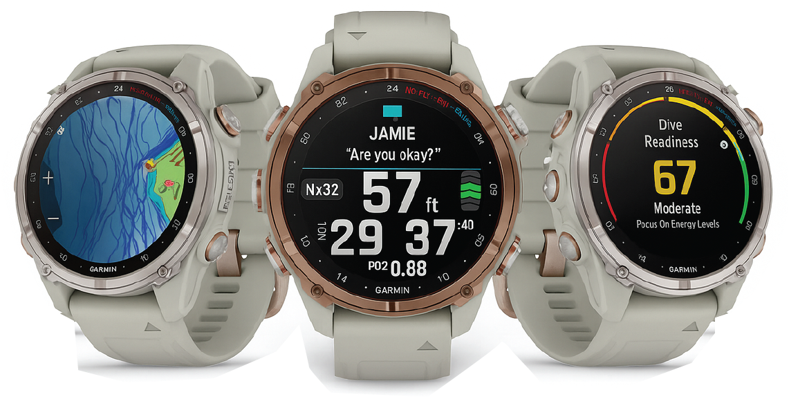 Garmin Descent Mk3s Fog Gray showing dive data, maps, and readiness status