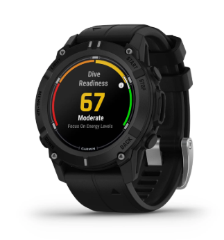 Garmin Descent G2 with wrist-based heart rate and dive readiness score display.