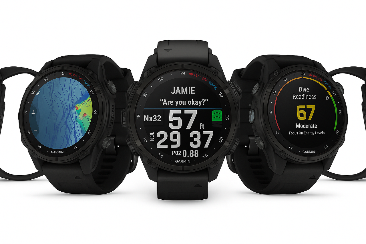 Garmin Descent G2 dive watch in black, showcasing mapping, dive data, and readiness features.