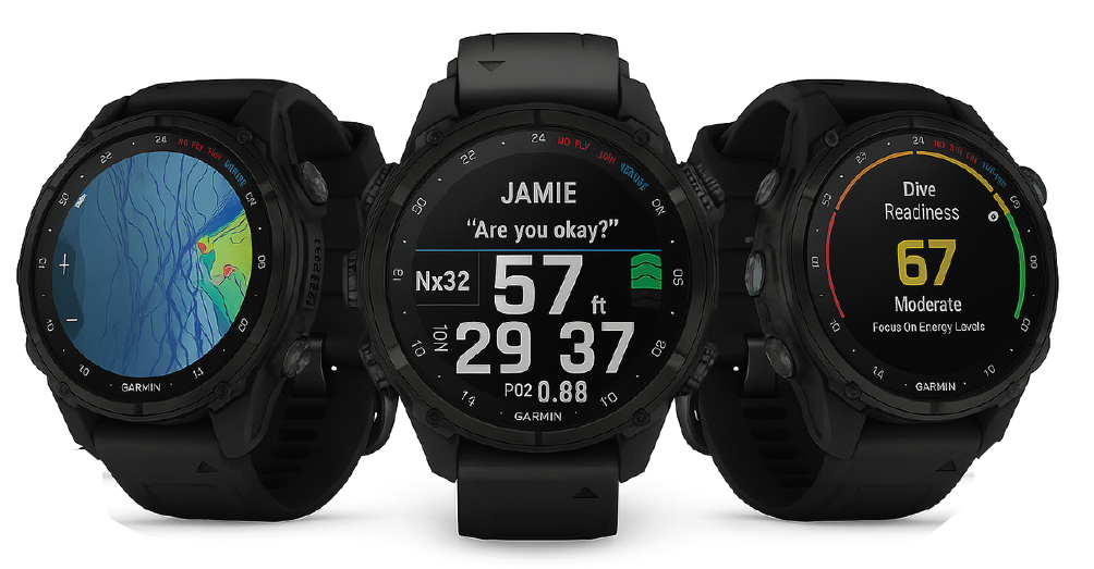 Garmin Descent G2 dive watch in black, showcasing mapping, dive data, and readiness features.