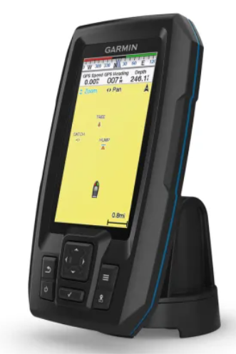 Garmin STRIKER™ Vivid 4cv mounted on a boat dashboard during use