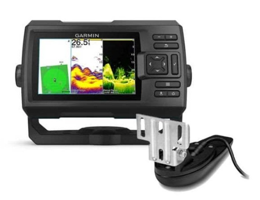 Rear view showing power and transducer connection ports on the device.