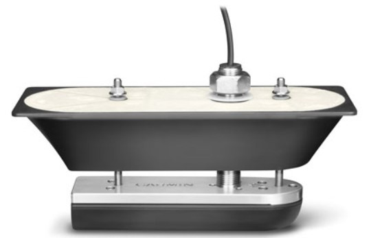 Transducer mounted on boat transom for optimal sonar performance.