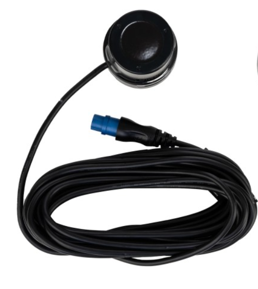 Transducer laid flat with 20 ft cable ready for in-hull installation.